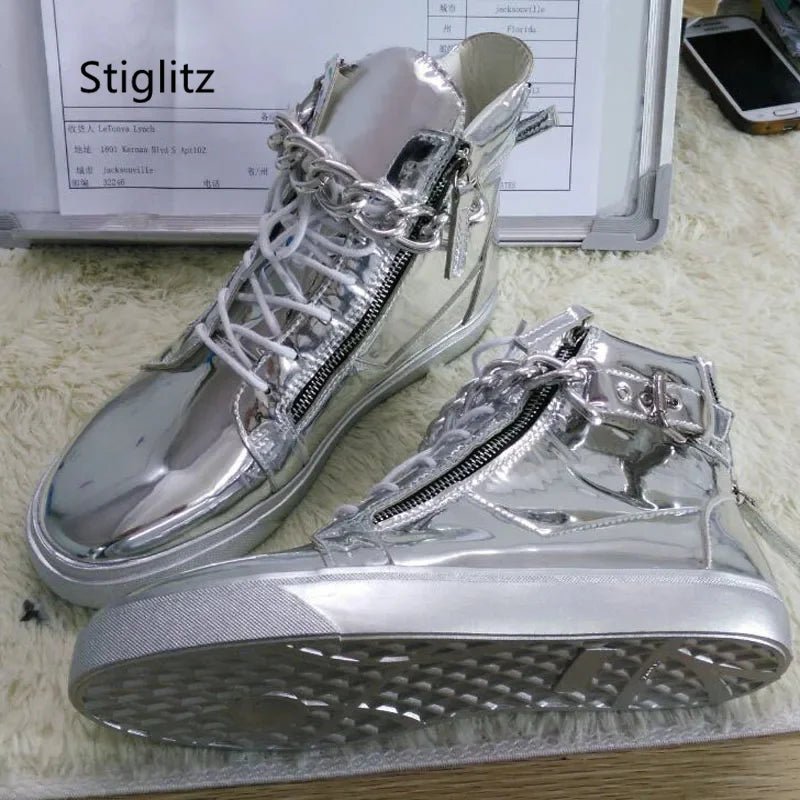 Gold & Silver Chain High - Top Sneakers – Mirror Leather Casual Ankle Boots | Breathable Sweat - Absorbing shoe - SMARTMARTNZ