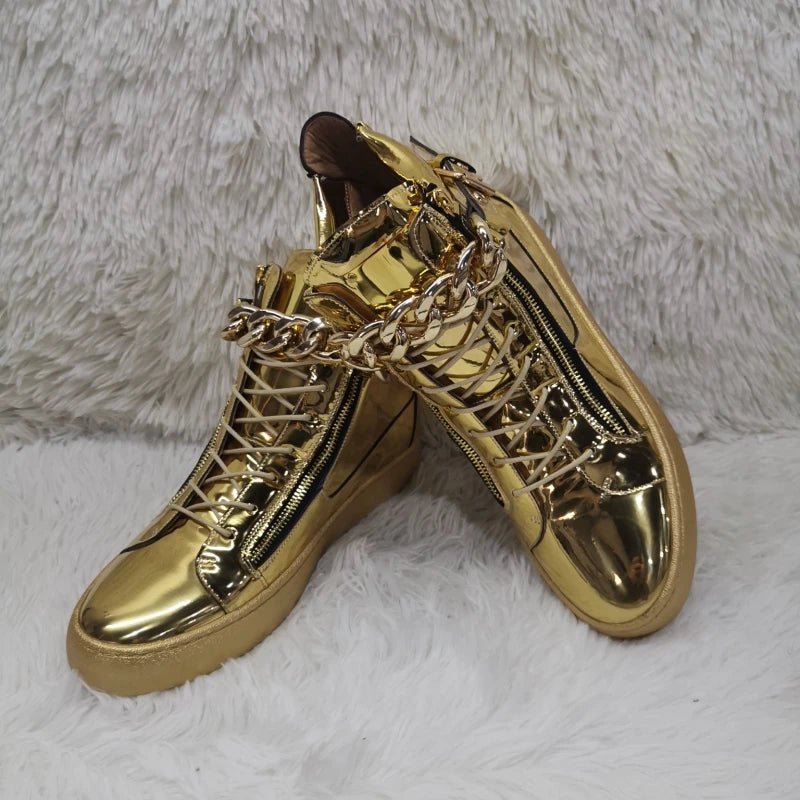 Gold & Silver Chain High - Top Sneakers – Mirror Leather Casual Ankle Boots | Breathable Sweat - Absorbing shoe - SMARTMARTNZ