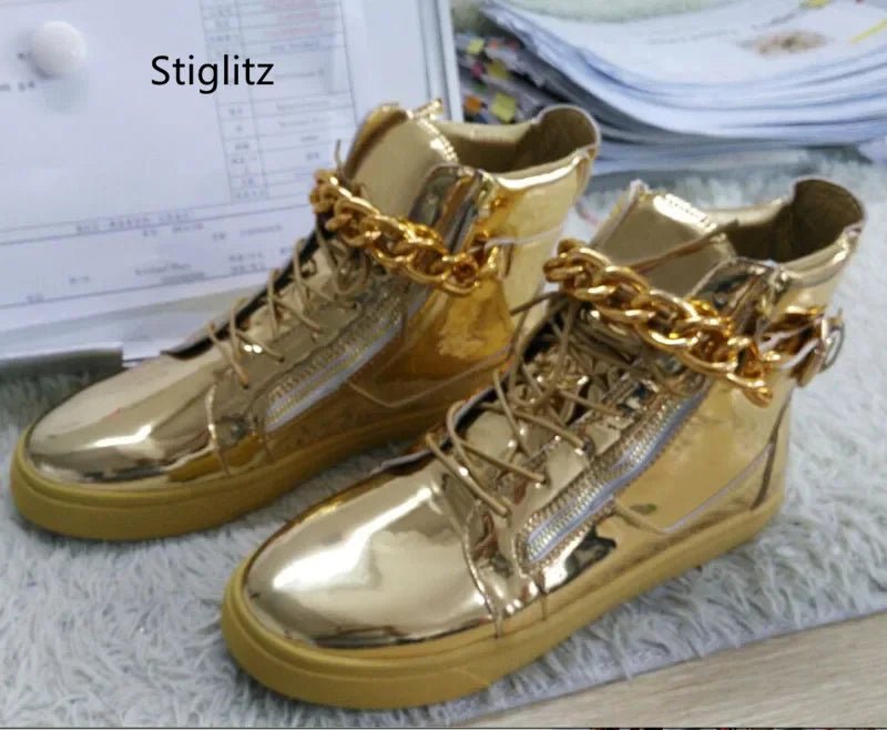 Gold & Silver Chain High - Top Sneakers – Mirror Leather Casual Ankle Boots | Breathable Sweat - Absorbing shoe - SMARTMARTNZ