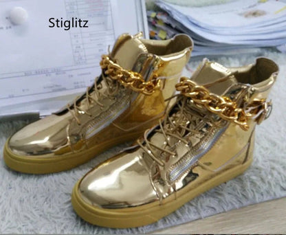 Gold & Silver Chain High - Top Sneakers – Mirror Leather Casual Ankle Boots | Breathable Sweat - Absorbing shoe - SMARTMARTNZ