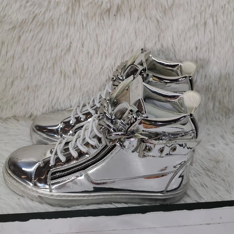 Gold & Silver Chain High - Top Sneakers – Mirror Leather Casual Ankle Boots | Breathable Sweat - Absorbing shoe - SMARTMARTNZ