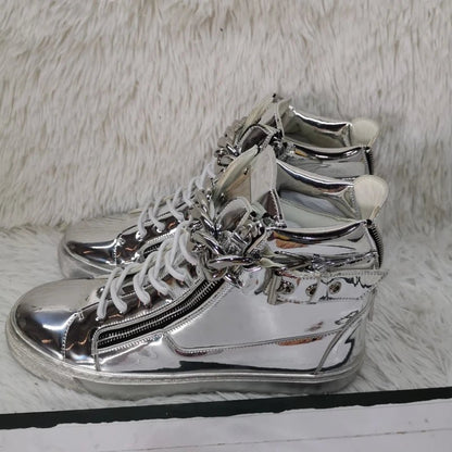 Gold & Silver Chain High - Top Sneakers – Mirror Leather Casual Ankle Boots | Breathable Sweat - Absorbing shoe - SMARTMARTNZ
