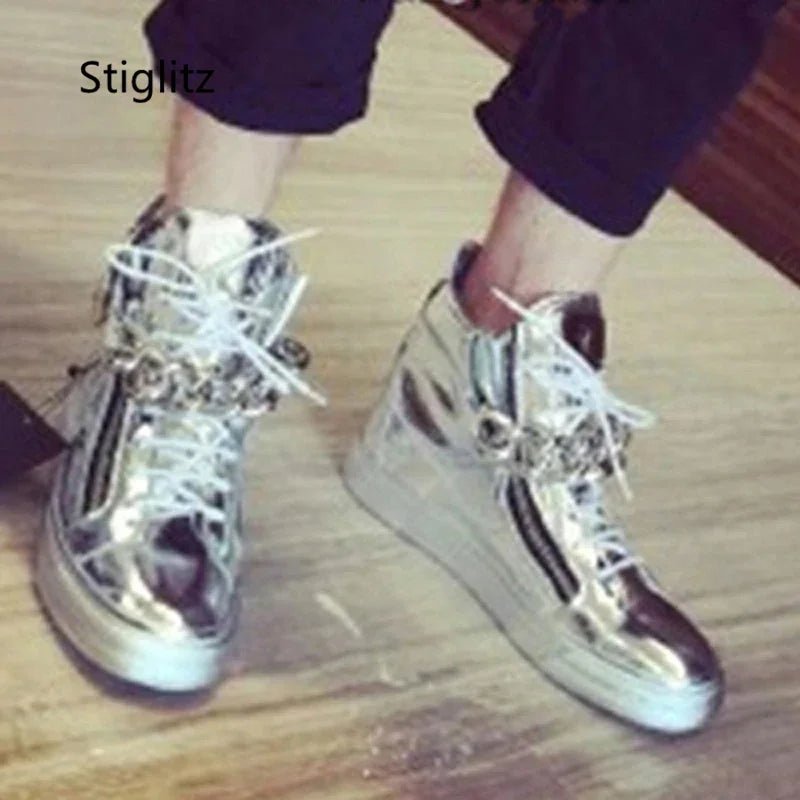 Gold & Silver Chain High - Top Sneakers – Mirror Leather Casual Ankle Boots | Breathable Sweat - Absorbing shoe - SMARTMARTNZ