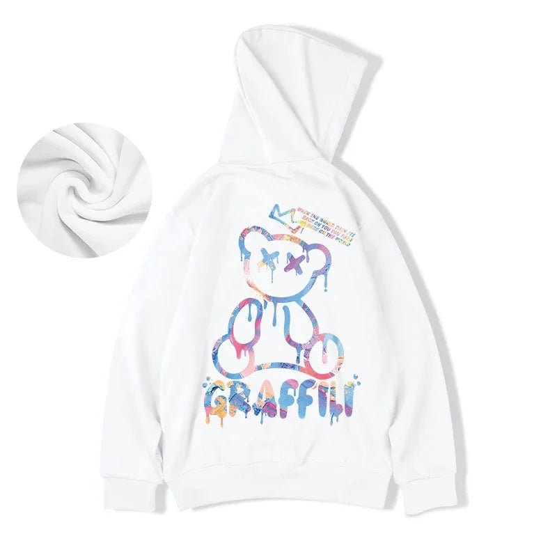 Graffiti Bear Print Hoodie – Men’s Retro Fleece Pullover | Y2K High Street Streetwear - SMARTMARTNZ