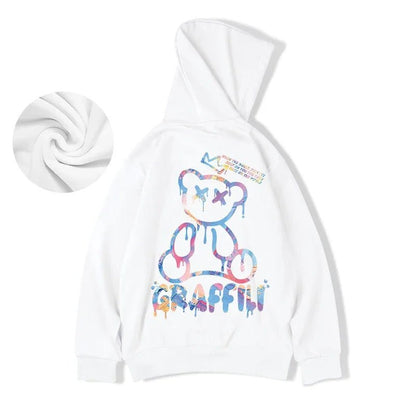 Graffiti Bear Print Hoodie – Men’s Retro Fleece Pullover | Y2K High Street Streetwear - SMARTMARTNZ
