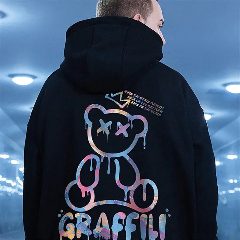 Graffiti Bear Print Hoodie – Men’s Retro Fleece Pullover | Y2K High Street Streetwear - SMARTMARTNZ