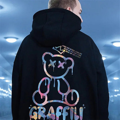 Graffiti Bear Print Hoodie – Men’s Retro Fleece Pullover | Y2K High Street Streetwear - SMARTMARTNZ