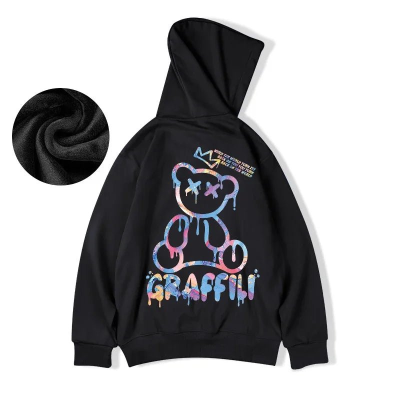 Graffiti Bear Print Hoodie – Men’s Retro Fleece Pullover | Y2K High Street Streetwear - SMARTMARTNZ