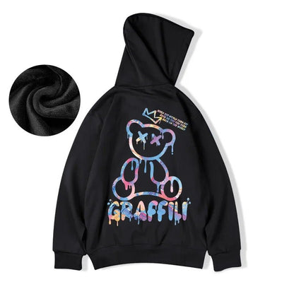 Graffiti Bear Print Hoodie – Men’s Retro Fleece Pullover | Y2K High Street Streetwear - SMARTMARTNZ