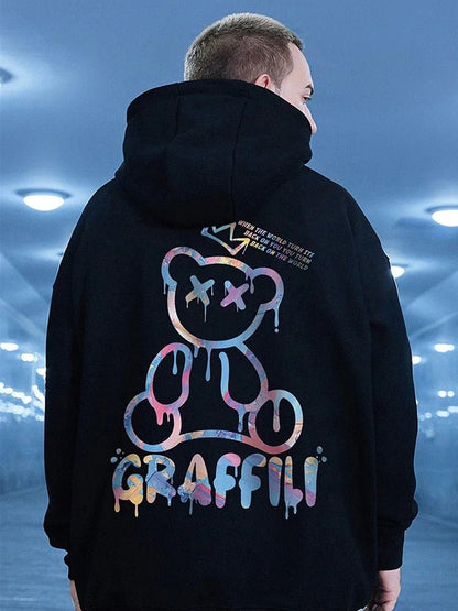 Graffiti Bear Print Hoodie – Men’s Retro Fleece Pullover | Y2K High Street Streetwear - SMARTMARTNZ