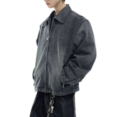 Heavy Retro Denim Outerwear – Washed Texture & Rivet Spine Jacket - SMARTMARTNZ
