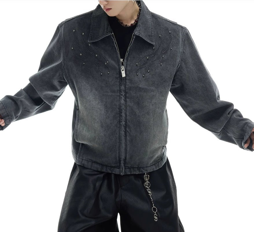 Heavy Retro Denim Outerwear – Washed Texture & Rivet Spine Jacket - SMARTMARTNZ