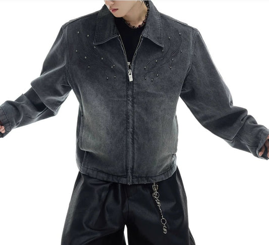 Heavy Retro Denim Outerwear – Washed Texture & Rivet Spine Jacket - SMARTMARTNZ