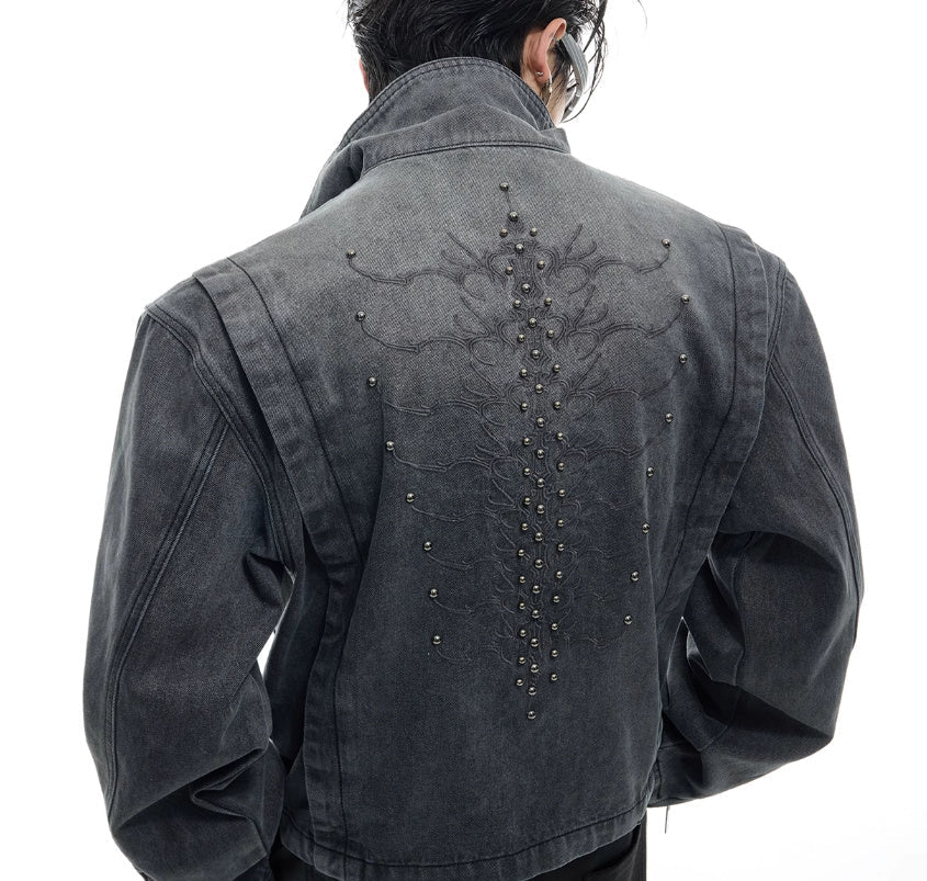 Heavy Retro Denim Outerwear – Washed Texture & Rivet Spine Jacket - SMARTMARTNZ