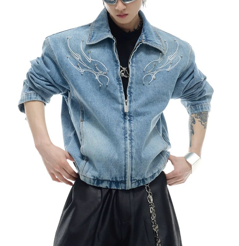 Heavy Retro Denim Outerwear – Washed Texture & Rivet Spine Jacket - SMARTMARTNZ