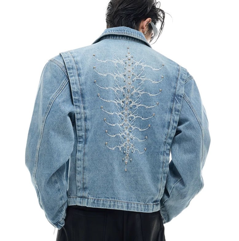 Heavy Retro Denim Outerwear – Washed Texture & Rivet Spine Jacket - SMARTMARTNZ