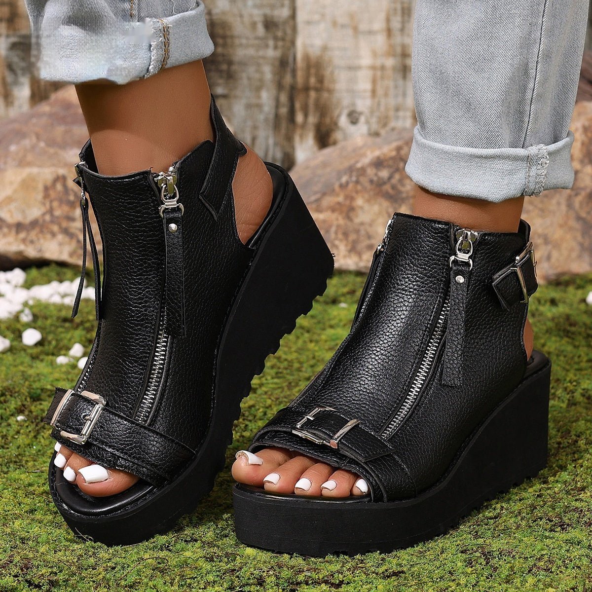 Hollow Buckle Sandals with Double Zipper Stylish Comfort | Easy On & Off | Modern Round Toe - SMARTMARTNZ