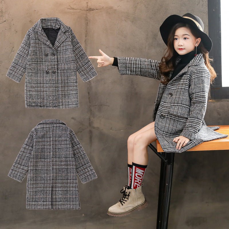 Houndstooth Pattern Coat – Girls’ Winter Outerwear Stylish Gray Plaid | Timeless & Cozy - SMARTMARTNZ