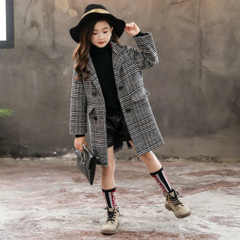 Houndstooth Pattern Coat – Girls’ Winter Outerwear Stylish Gray Plaid | Timeless & Cozy - SMARTMARTNZ