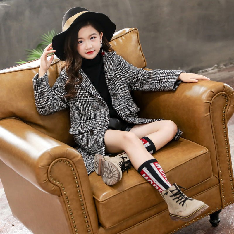Houndstooth Pattern Coat – Girls’ Winter Outerwear Stylish Gray Plaid | Timeless & Cozy - SMARTMARTNZ