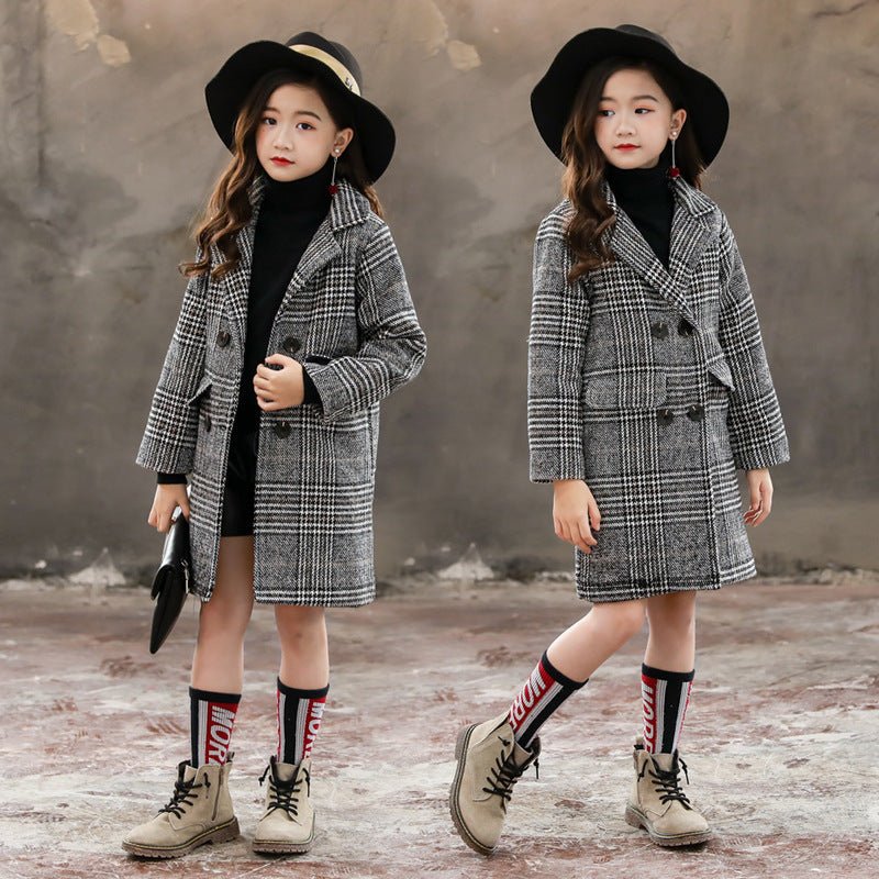 Houndstooth Pattern Coat – Girls’ Winter Outerwear Stylish Gray Plaid | Timeless & Cozy - SMARTMARTNZ