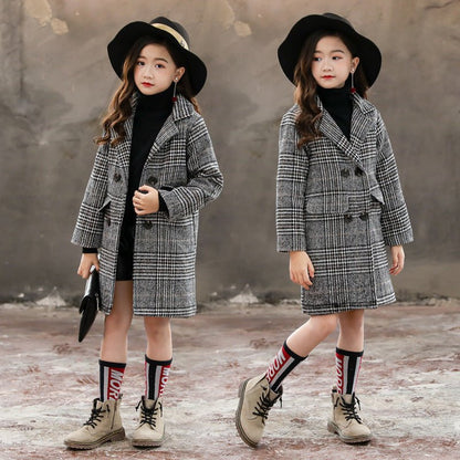 Houndstooth Pattern Coat – Girls’ Winter Outerwear Stylish Gray Plaid | Timeless & Cozy - SMARTMARTNZ