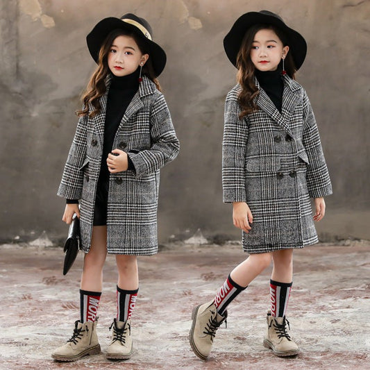 Houndstooth Pattern Coat – Girls’ Winter Outerwear Stylish Gray Plaid | Timeless & Cozy - SMARTMARTNZ
