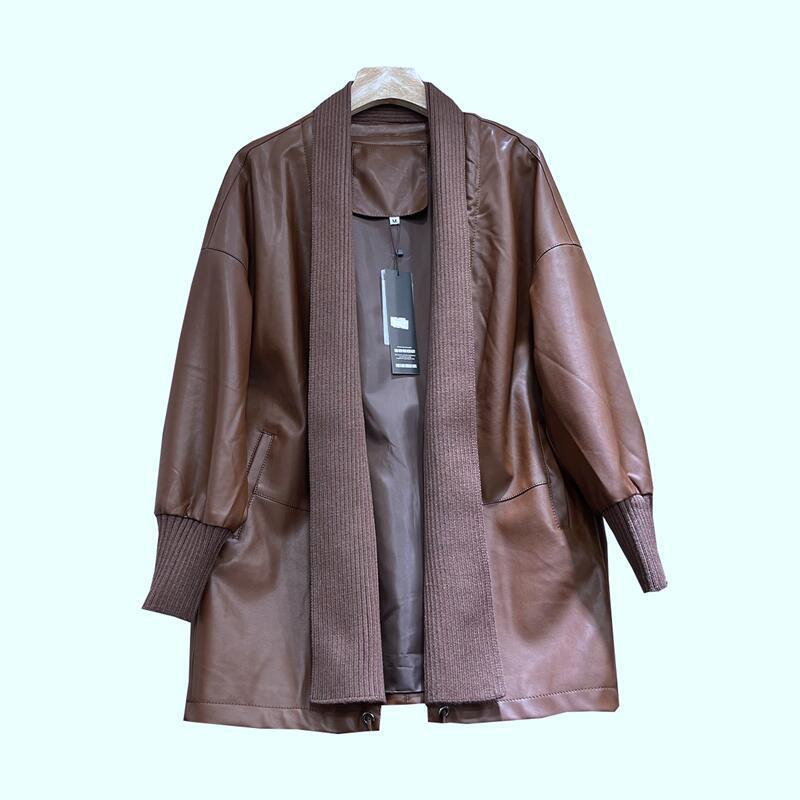 Knitted Stitching Mid - length Leather Coat Women - SMARTMARTNZ