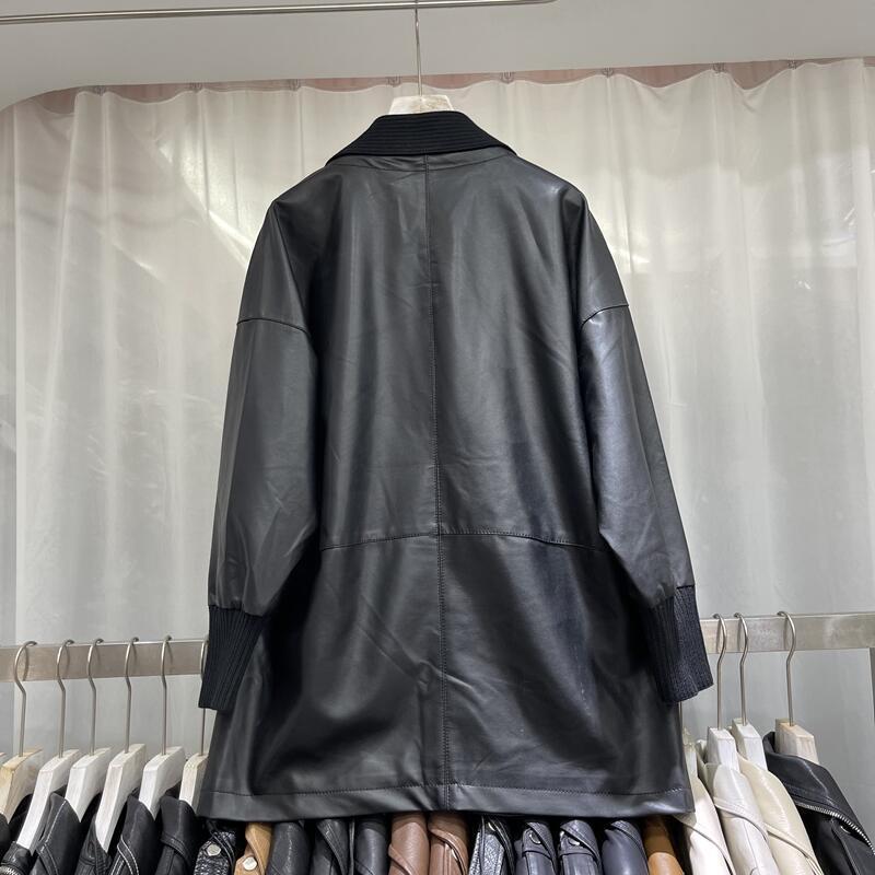Knitted Stitching Mid - length Leather Coat Women - SMARTMARTNZ