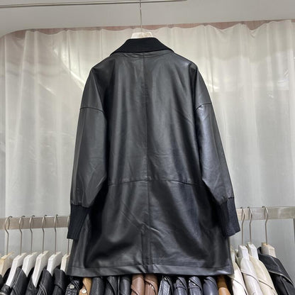Knitted Stitching Mid - length Leather Coat Women - SMARTMARTNZ