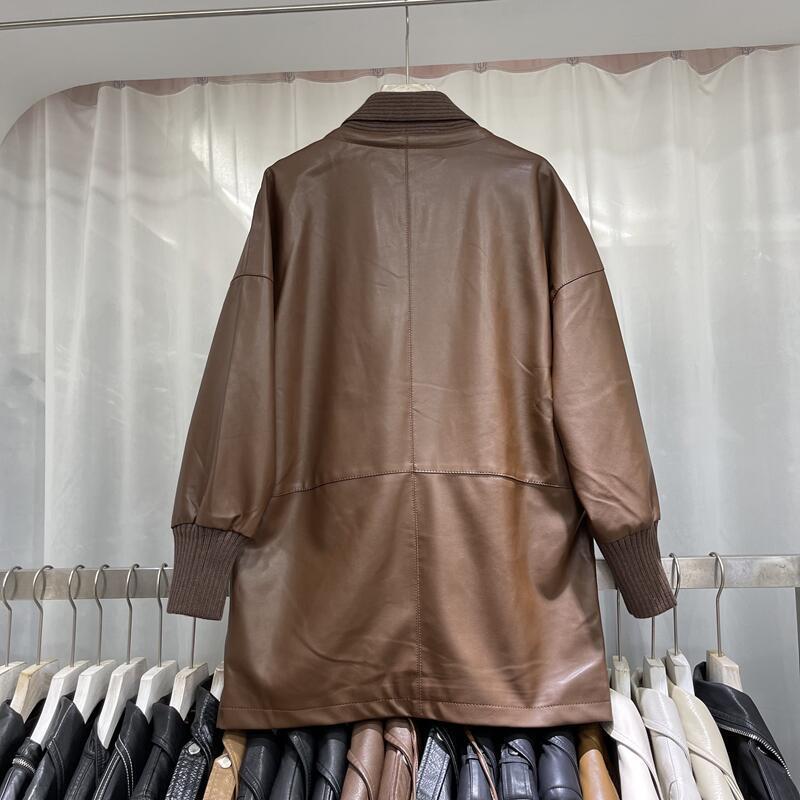 Knitted Stitching Mid - length Leather Coat Women - SMARTMARTNZ