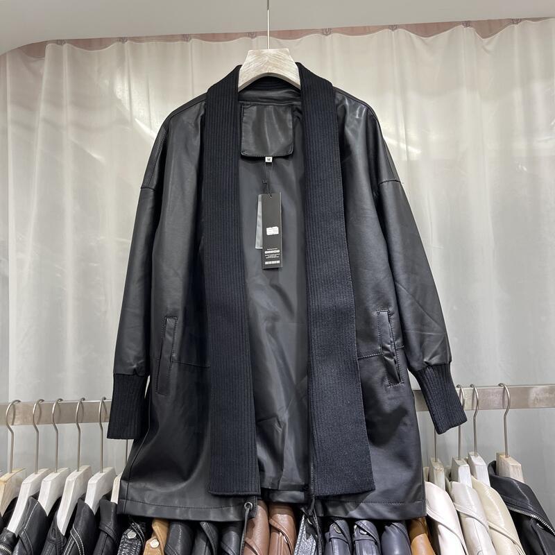 Knitted Stitching Mid - length Leather Coat Women - SMARTMARTNZ