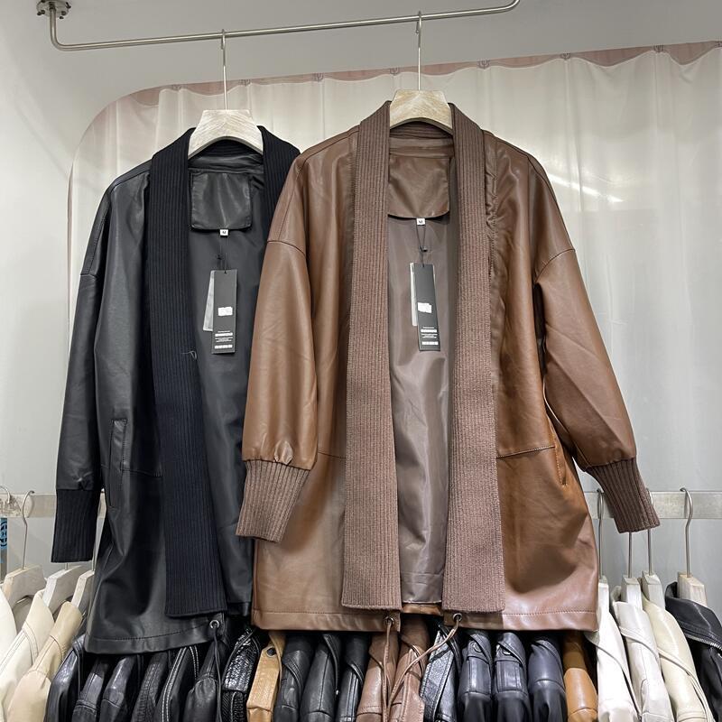 Knitted Stitching Mid - length Leather Coat Women - SMARTMARTNZ
