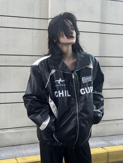 Loose American Couple Embroidered Motorcycle PU Jacket - SMARTMARTNZ