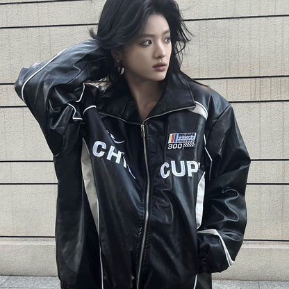 Loose American Couple Embroidered Motorcycle PU Jacket - SMARTMARTNZ