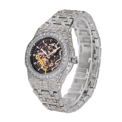 “Luxury Hip Hop Iced Mechanical Watch – Hollow Dial, Square Frame & Glow Effect” - SMARTMARTNZ