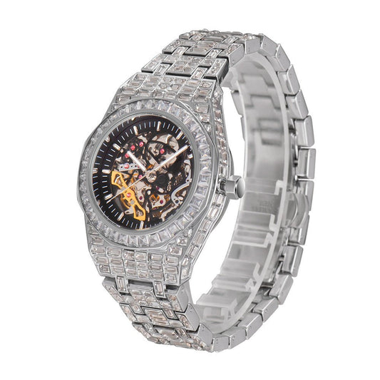 “Luxury Hip Hop Iced Mechanical Watch – Hollow Dial, Square Frame & Glow Effect” - SMARTMARTNZ