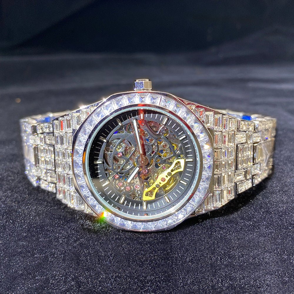 “Luxury Hip Hop Iced Mechanical Watch – Hollow Dial, Square Frame & Glow Effect” - SMARTMARTNZ