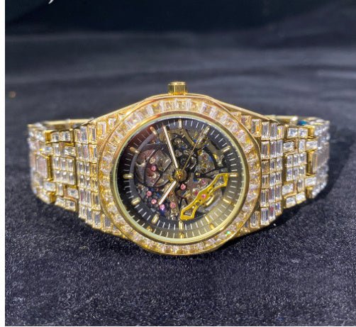 “Luxury Hip Hop Iced Mechanical Watch – Hollow Dial, Square Frame & Glow Effect” - SMARTMARTNZ
