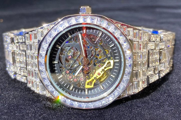 “Luxury Hip Hop Iced Mechanical Watch – Hollow Dial, Square Frame & Glow Effect” - SMARTMARTNZ