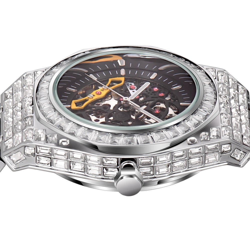 “Luxury Hip Hop Iced Mechanical Watch – Hollow Dial, Square Frame & Glow Effect” - SMARTMARTNZ