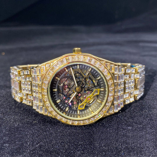 “Luxury Hip Hop Iced Mechanical Watch – Hollow Dial, Square Frame & Glow Effect” - SMARTMARTNZ