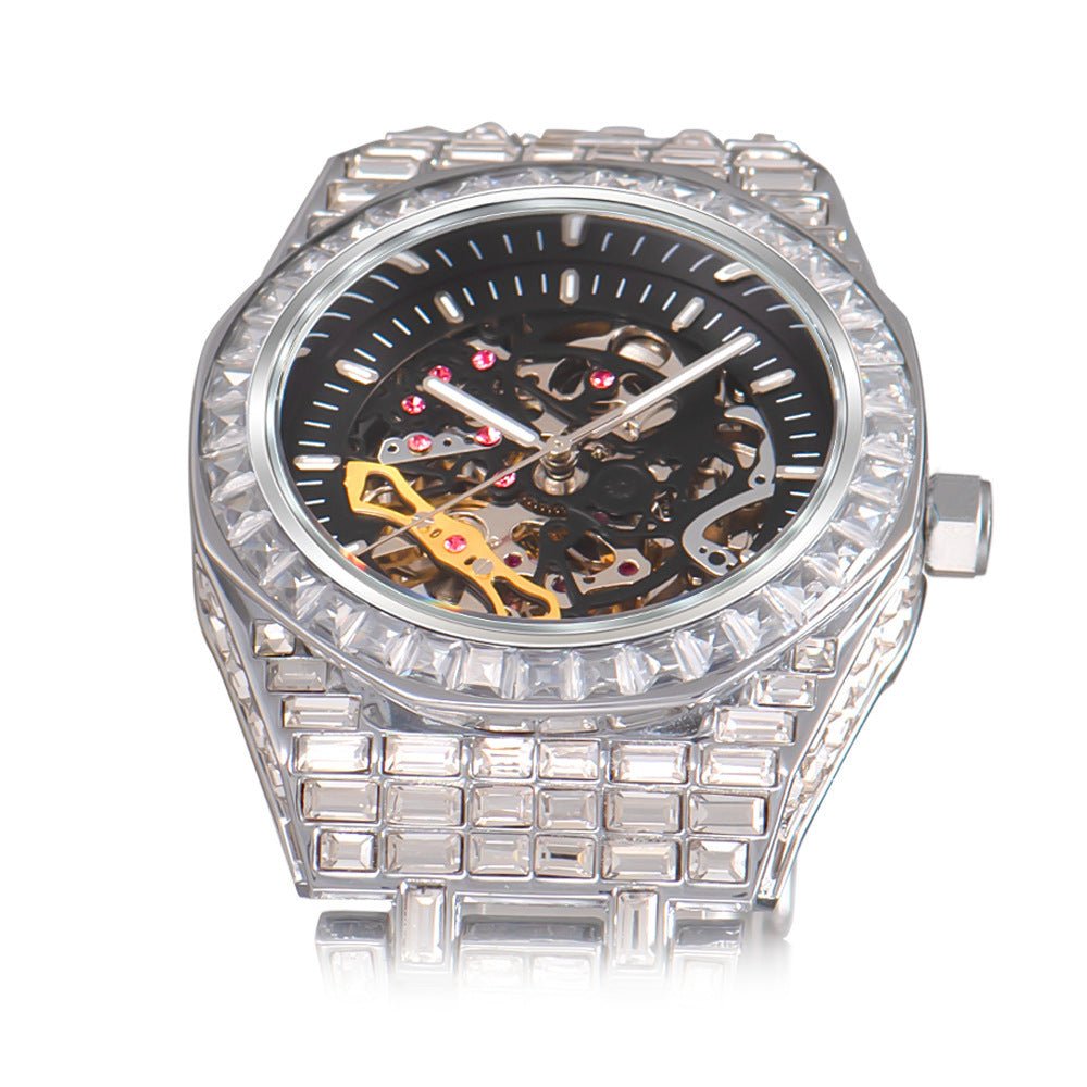 “Luxury Hip Hop Iced Mechanical Watch – Hollow Dial, Square Frame & Glow Effect” - SMARTMARTNZ