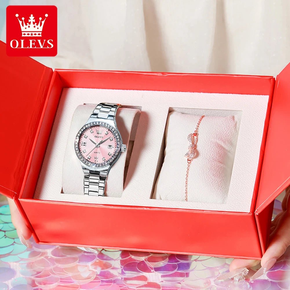 Luxury OLEVS 5628 Women’s Quartz Watch – Diamond Accent, Stainless Steel Strap & Bracelet Gift Set - SMARTMARTNZ