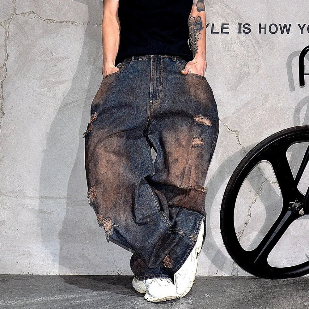 Men’s Baggy Ripped Jeans – Distressed Stacked Denim Pants | Hip Hop & Korean Streetwear Style - SMARTMARTNZ