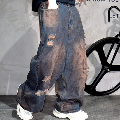 Men’s Baggy Ripped Jeans – Distressed Stacked Denim Pants | Hip Hop & Korean Streetwear Style - SMARTMARTNZ