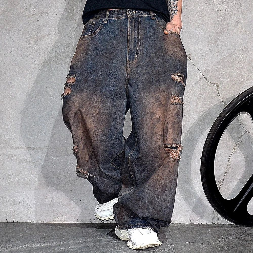 Men’s Baggy Ripped Jeans – Distressed Stacked Denim Pants | Hip Hop & Korean Streetwear Style - SMARTMARTNZ