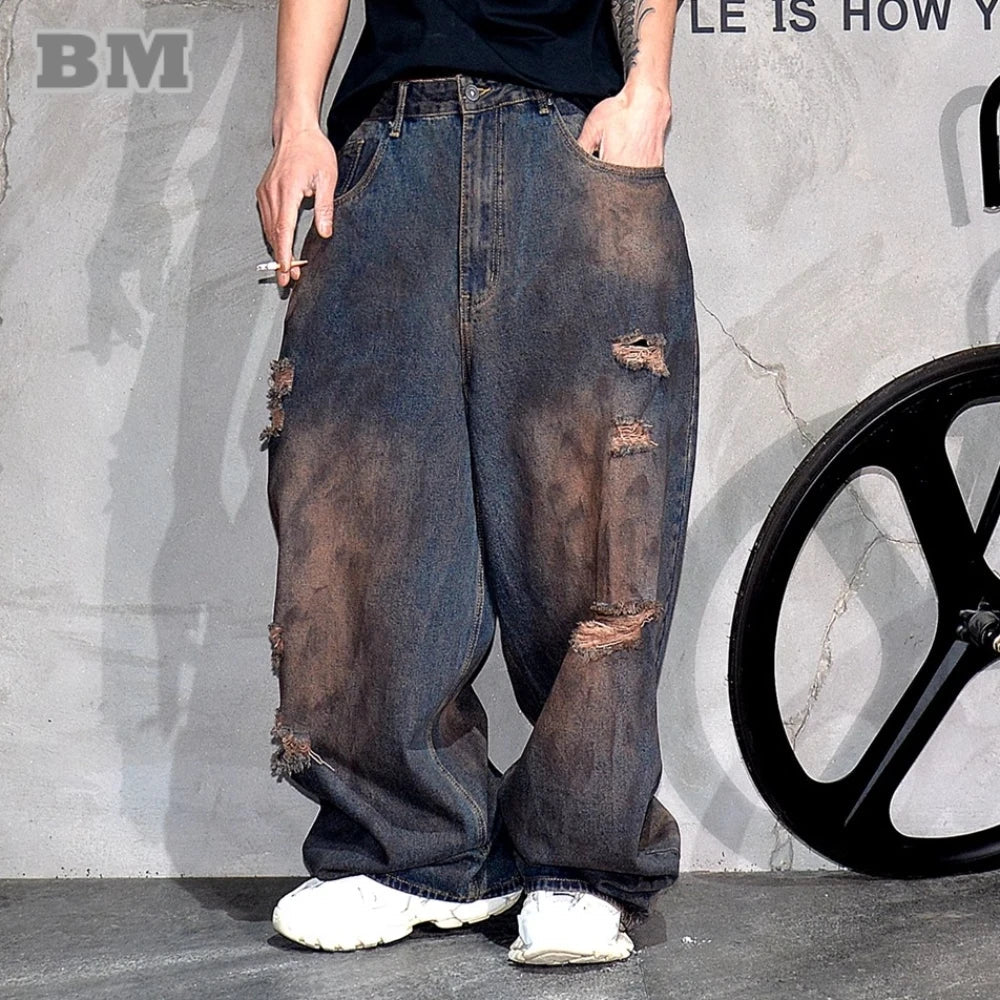 Men’s Baggy Ripped Jeans – Distressed Stacked Denim Pants | Hip Hop & Korean Streetwear Style - SMARTMARTNZ