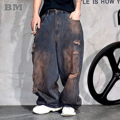 Men’s Baggy Ripped Jeans – Distressed Stacked Denim Pants | Hip Hop & Korean Streetwear Style - SMARTMARTNZ