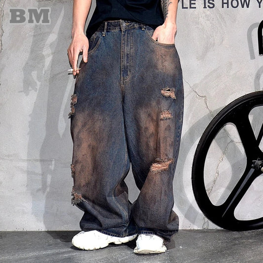 Men’s Baggy Ripped Jeans – Distressed Stacked Denim Pants | Hip Hop & Korean Streetwear Style - SMARTMARTNZ